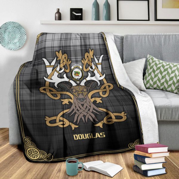 Douglas Grey Modern Tartan Crest Premium Blanket - Celtic Stag style For Sale - Image 3