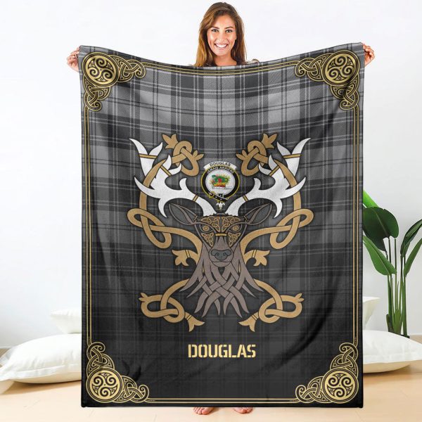Douglas Grey Modern Tartan Crest Premium Blanket - Celtic Stag style For Sale
