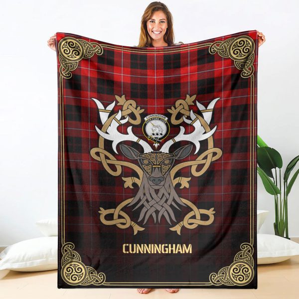 Cunningham Modern Tartan Crest Premium Blanket - Celtic Stag style For Sale