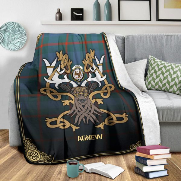 Agnew Ancient Tartan Crest Premium Blanket - Celtic Stag style on Sale - Image 3