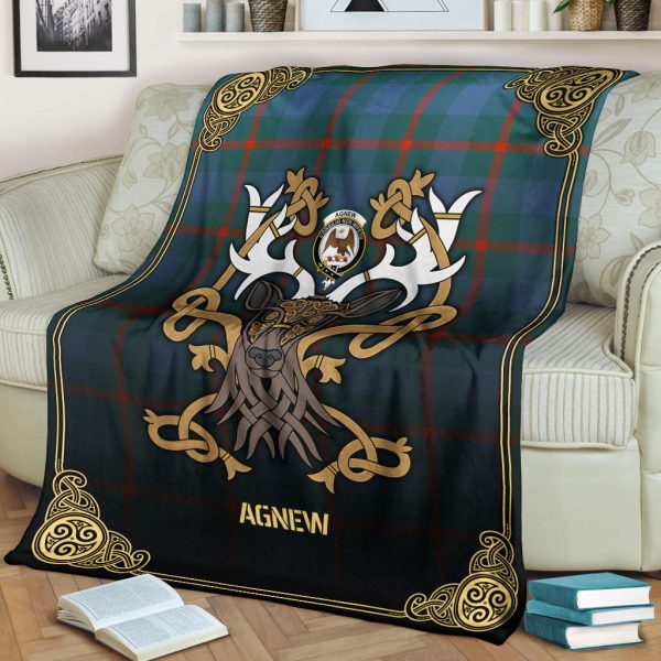 Agnew Ancient Tartan Crest Premium Blanket - Celtic Stag style on Sale - Image 2