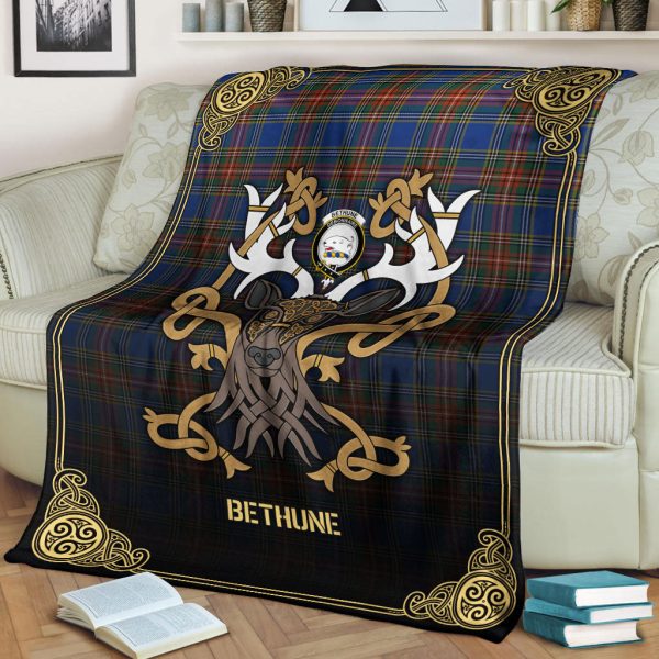 Bethune Ancient Tartan Crest Premium Blanket - Celtic Stag style Discount - Image 2