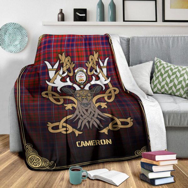 Cameron of Lochiel Modern Tartan Crest Premium Blanket - Celtic Stag style Online Sale - Image 3
