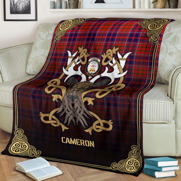 Cameron of Lochiel Modern Tartan Crest Premium Blanket - Celtic Stag style Online Sale - Image 2
