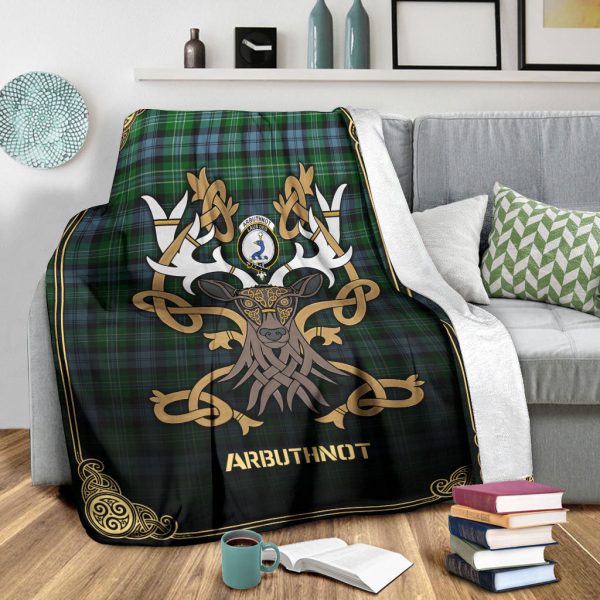 Arbuthnot Ancient Tartan Crest Premium Blanket - Celtic Stag style Hot on Sale - Image 3